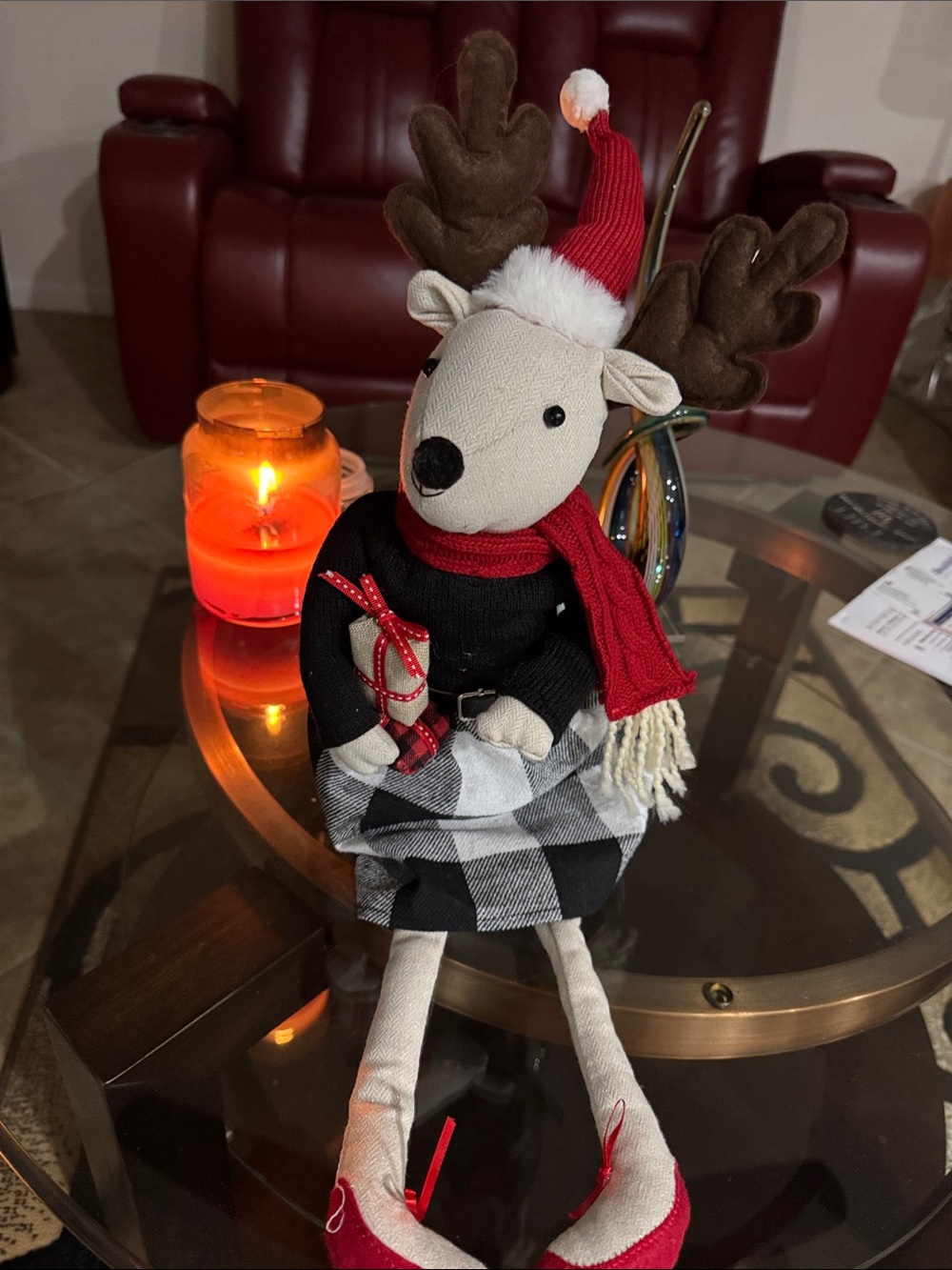 Festive Plush Reindeer Décor with Red Scarf and Buffalo Check Skirt
